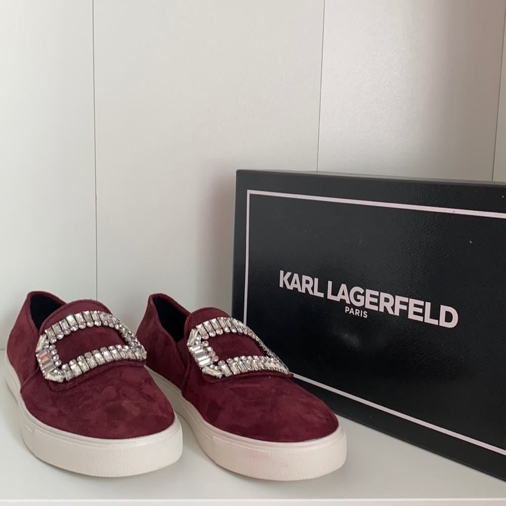 Great condition in box Karl Lagerfeld burgundy suede sneakers